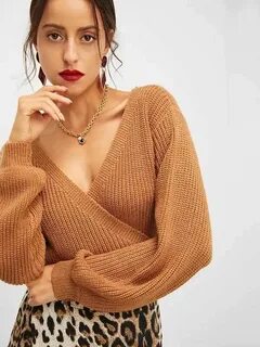 Surplice Neck Knot Jumper Cropped sweater, Khaki fashion, Sw