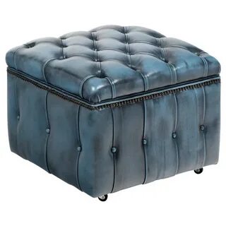 Vintage Steel Blue Leather Chesterfield Storage Ottoman at 1