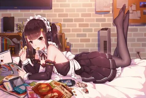 twintails, original characters, maid outfit, lying on front,
