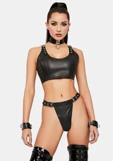 Vegan Leather Thong Panty And Bra Top With Buckle Details - 