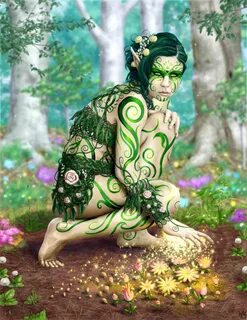 Wood or Wild Elf covered in elaborate green vine-like tattoo