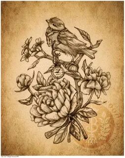 Victorian Steampunk Bird Pocket Watch Peonies - Art Print - 