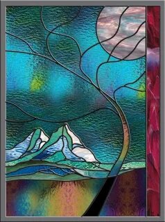 Stormy Mountain Stained Glass Window Panel Wave Tree Moonlig