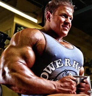 UK, US bodybuilders: Jeff Long in blue ribbed tanks Powerhou