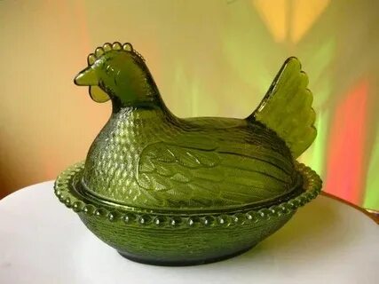 Green Carnival Glass Chicken Candy Dish Carnival glass, Gree