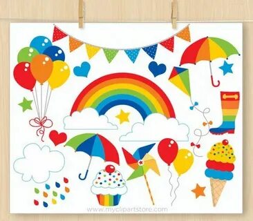 Rainbow Fun Birthday Clipart, birthday balloon, ice-cream, c