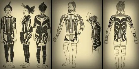 Tattooed islander of Yap, and body tattoos of two Yap chiefs