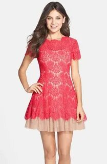 Betsy & Adam Short Sleeve Lace Fit & Flare Dress Lace dress 