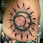 Lovely black and grey sun and moon tattoo by Jose Bolorin. #