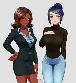 Safebooru - 2girls arm at side artist name black skirt blue 