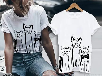 White cotton t-shirt with "cats" print-TEE10200CT - купить н