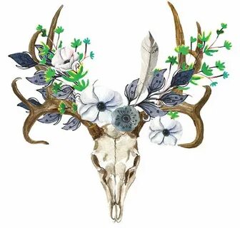 Deer Skull Antlers Flowers Bohemian Print Boho Art Print Wat