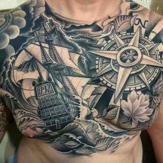 Black and grey nautical chest piece Cool chest tattoos, Sail