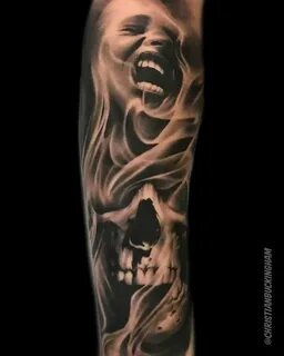 Smoke Sleeve Skull Tattoo Skull sleeve tattoos, Realistic ta