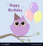 Cute purple owl happy birthday card Royalty Free Vector