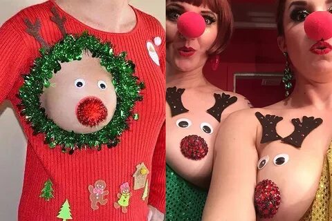 Women Are Decorating Their Boobs To. christmas sweater with breast cut out....