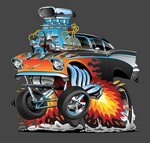 Classic hot rod 57 gasser drag racing muscle car cartoon Dra
