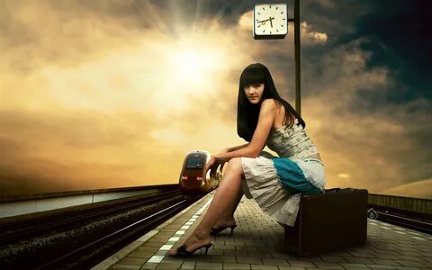 Long hair girl, rail station, suitcase, clock, tram 1242x268