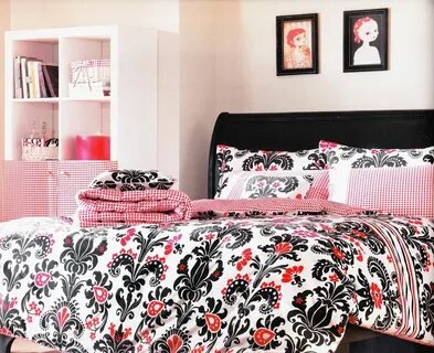 Red White and Black Damask Bedding Red and black bedding, Bl