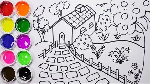 Como Dibujar Y Colorear Una Casa Con Arbol y Un Jardin - Dib