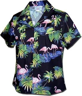 Island Flamingo Ladies Hawaiian Shirt Black