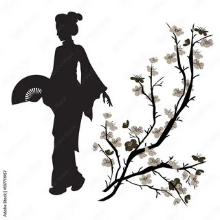Asian woman and Chinese Plum tree. Silhouette of a geisha and Chinese Plum tree.