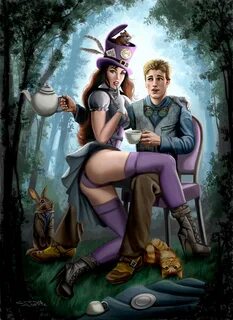 Steampunk Alex and the Mad Hatter in Wonderland Illustration
