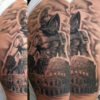 Accurate painted black and white antic roman arena tattoo on