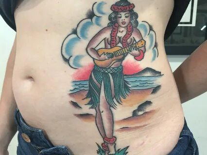 Traditional American Hula Girl on Stomach Tattoo - Joe Haasc