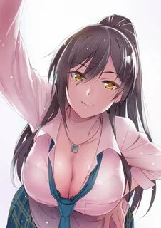 Safebooru - 1girl arm up bangs black hair bra breasts cleava