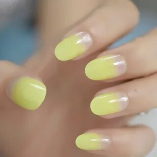 Летние неоновые накладные ногти Омбре лимонно желтые овальны