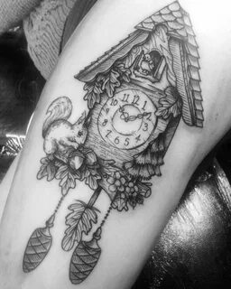 Thigh tattoo. Cuckoo clock tattoo. Done by Henbo Henning. Bl