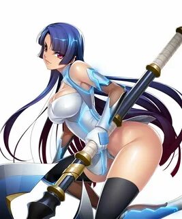 Safebooru - 1girl axe bare shoulders battle axe blue hair br