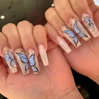 Glitter butterfly nails acrylic coffin bling long #longnails
