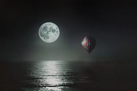 Hot air balloon Wallpaper 4K, Night, Full moon, Dark backgro