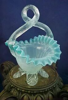 Antique Victorian Bohemian BLUE OPALESCENT Art Glass Basket 