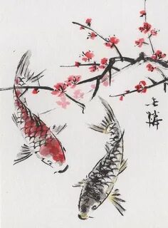 Original Art ACEO Watercolor Painting KOI Plum Blossoms Koi 