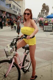 Jordan Carver Big Boobs Yellow Tops Riding Bicycle in Venice Beach.