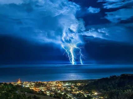 1600x1200 Thunder Storm Coastal Town desktop PC and Mac wall