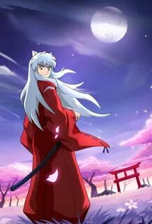 Inuyasha in the moonlight of the moon by the cherry blossom 