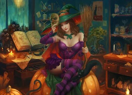 Wallpaper : digital art, women, redhead, witch, mask, broom,