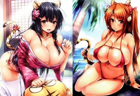 Masaüstü : Anime girls, Büyük göğüsler, karikatür, siyah saç, bikini, kimon...