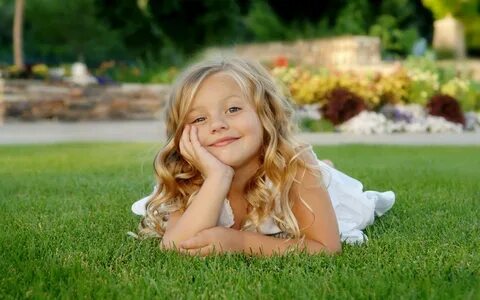 Images Little girls Smile child Grass Glance