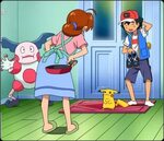 Ash Ketchum, Pikachu, mimey, Delia Ketchum. Cute pokemon wal