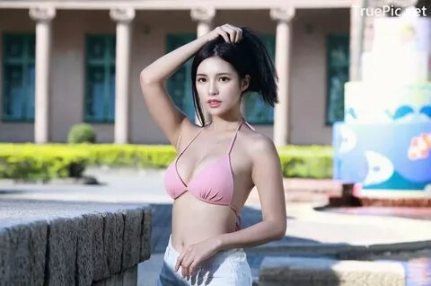 Hot Pink Bikini Top and White Short Pants - Taiwanese Model 
