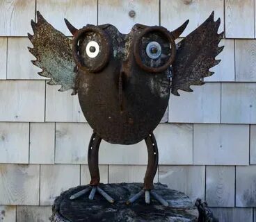 Owl Sculpture Rusty Found Object Garden Art Welded Steel Fol