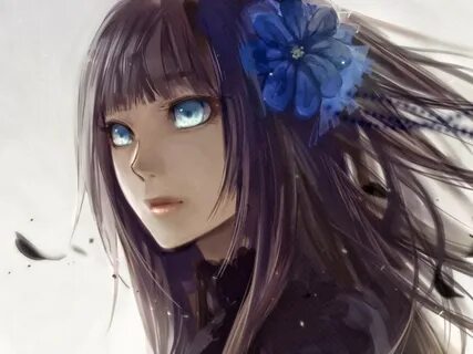 Wallpaper : anime girls, blue, black hair, flower in hair, T