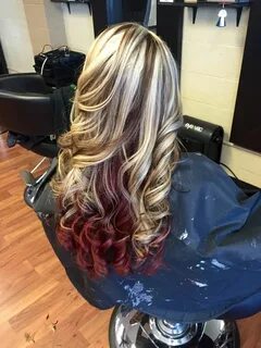 Platinum blonde with mocha brown lowlights and red underneat