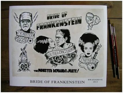 Bride of Frankenstein tattoo flash print. by bwanadevilart o