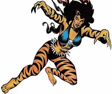 Tigra (Greer Nelson) leaping over a white background Tigra m